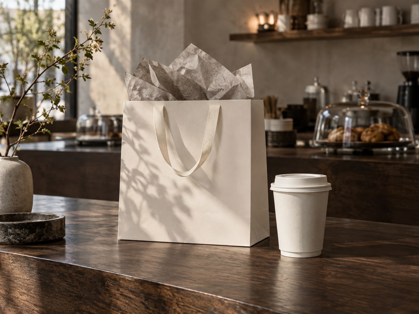 Hospitality branding concept with an ivory shopping bag, takeaway cup, and tissue on a cafe counter.