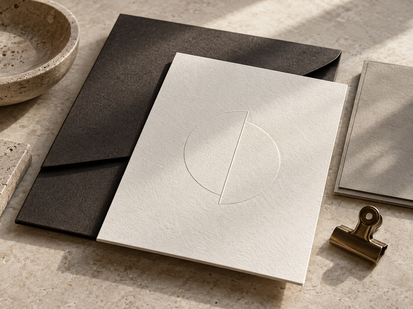 Brand design still life with textured ivory stationery, a charcoal folder, and a bronze clip.