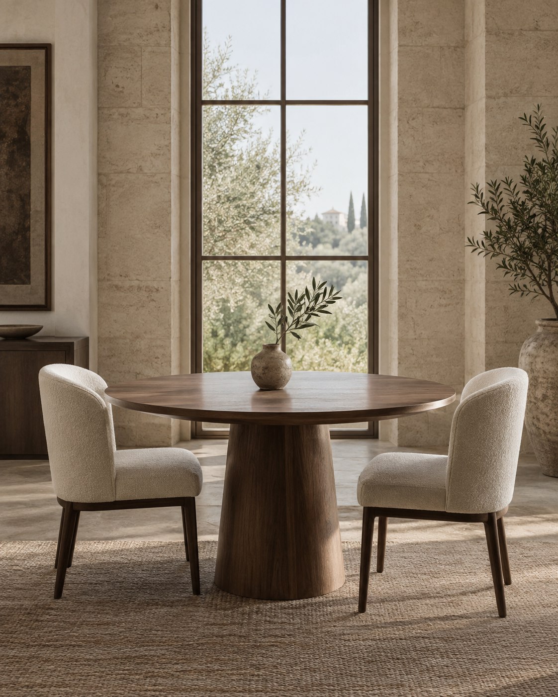 Meeting space concept with a walnut table, cream chairs, and soft window light.