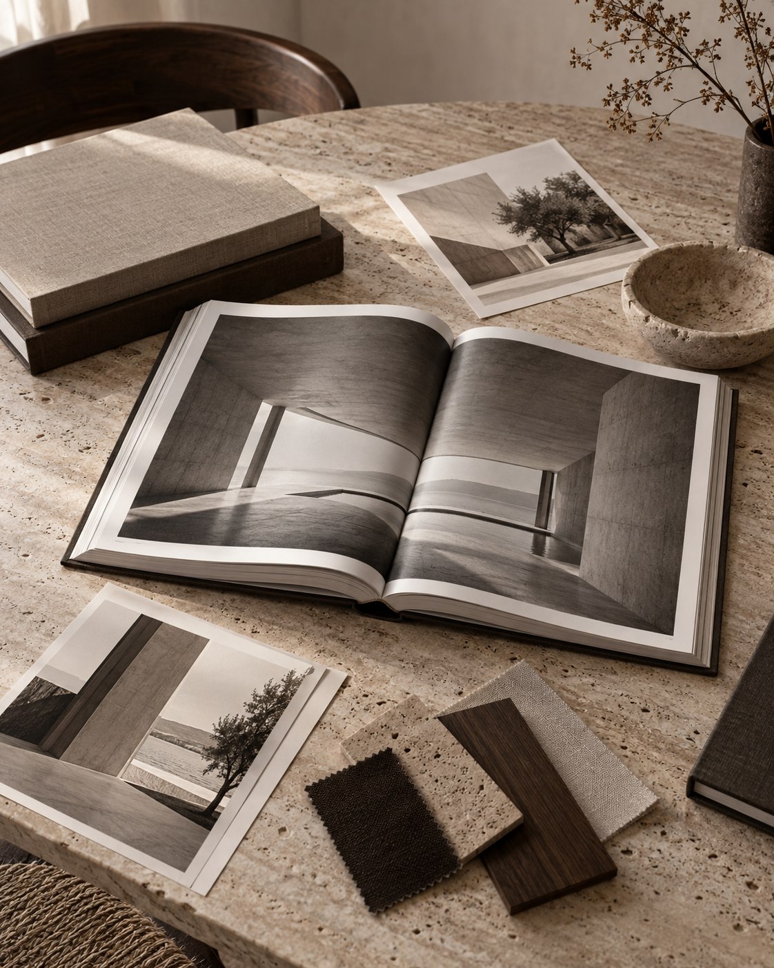 Editorial portfolio concept: art books, architectural photographs, and material swatches on a stone table.