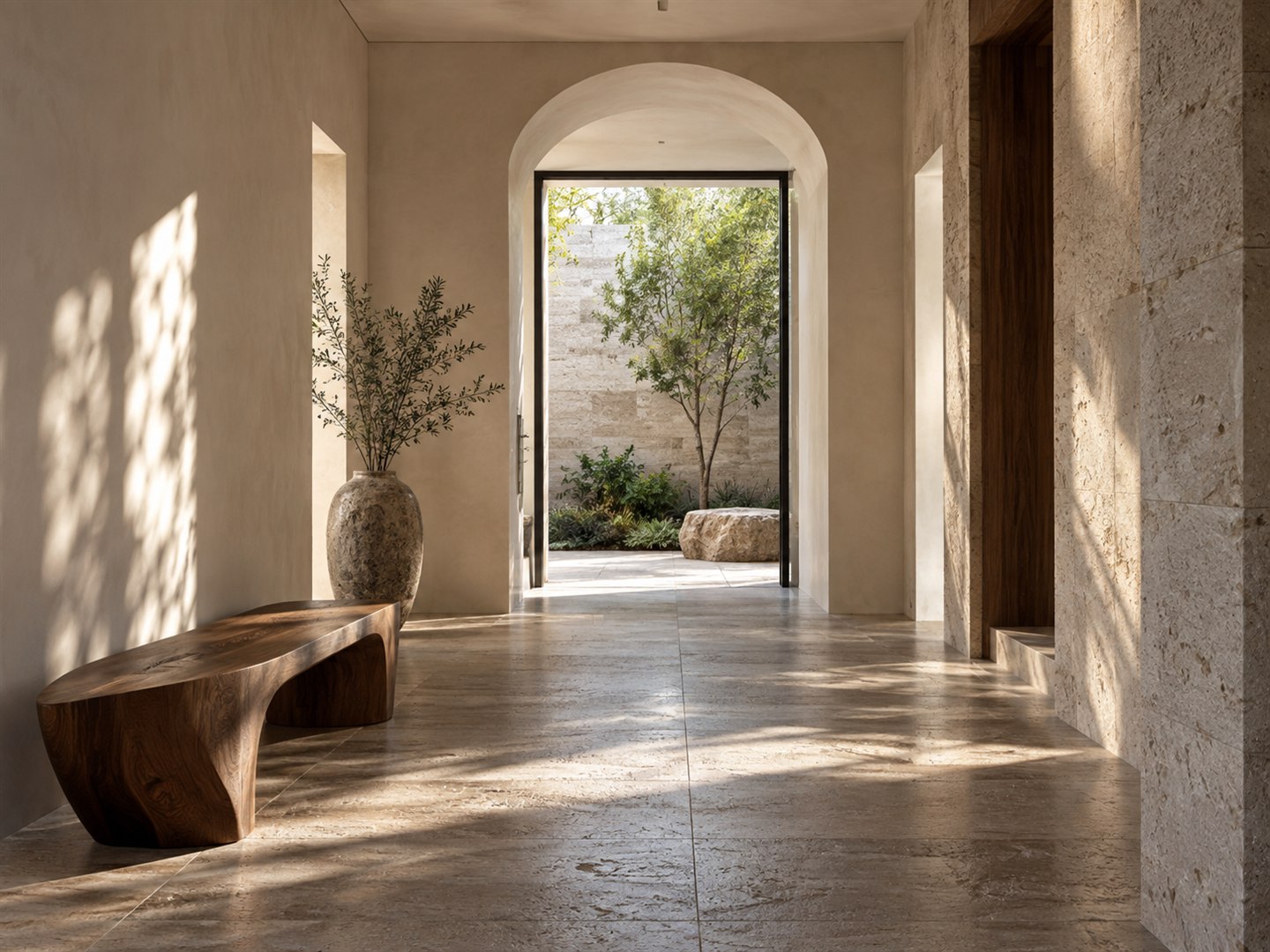 Interior concept: a sunlit gallery corridor with a sculptural wooden bench and courtyard view.