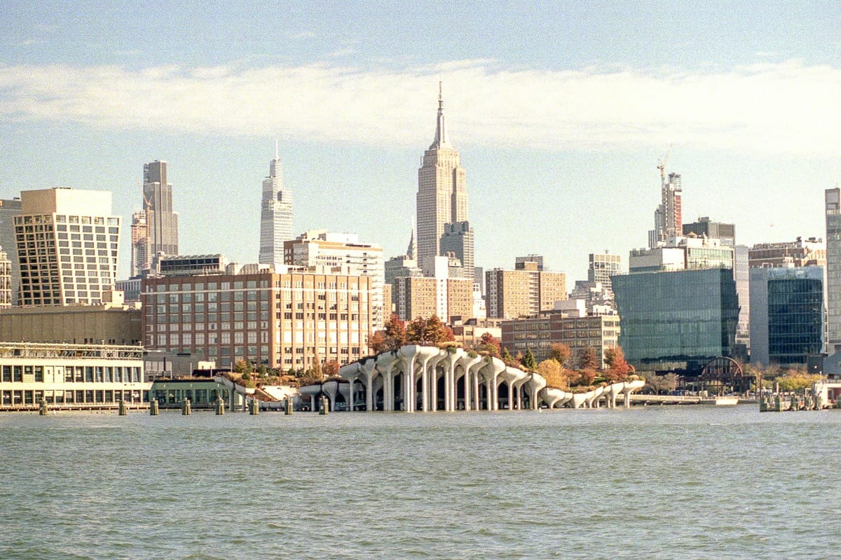 Hudson River, Little Island, and the Manhattan skyline from the waterfront.