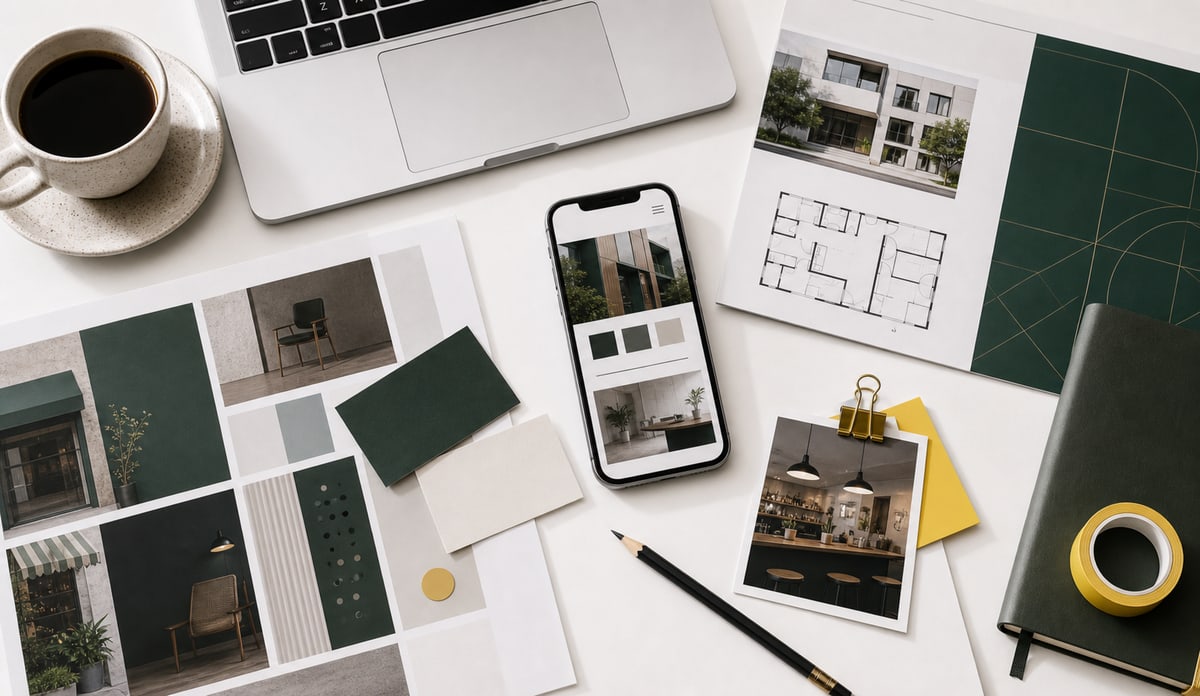 Studio desk with brand boards, local merchant materials, boutique development plans, and green accents.