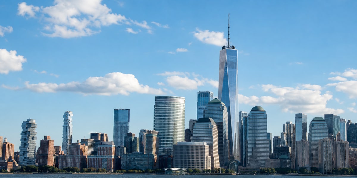 Blue-sky Lower Manhattan skyline with One World Trade Center fully visible.