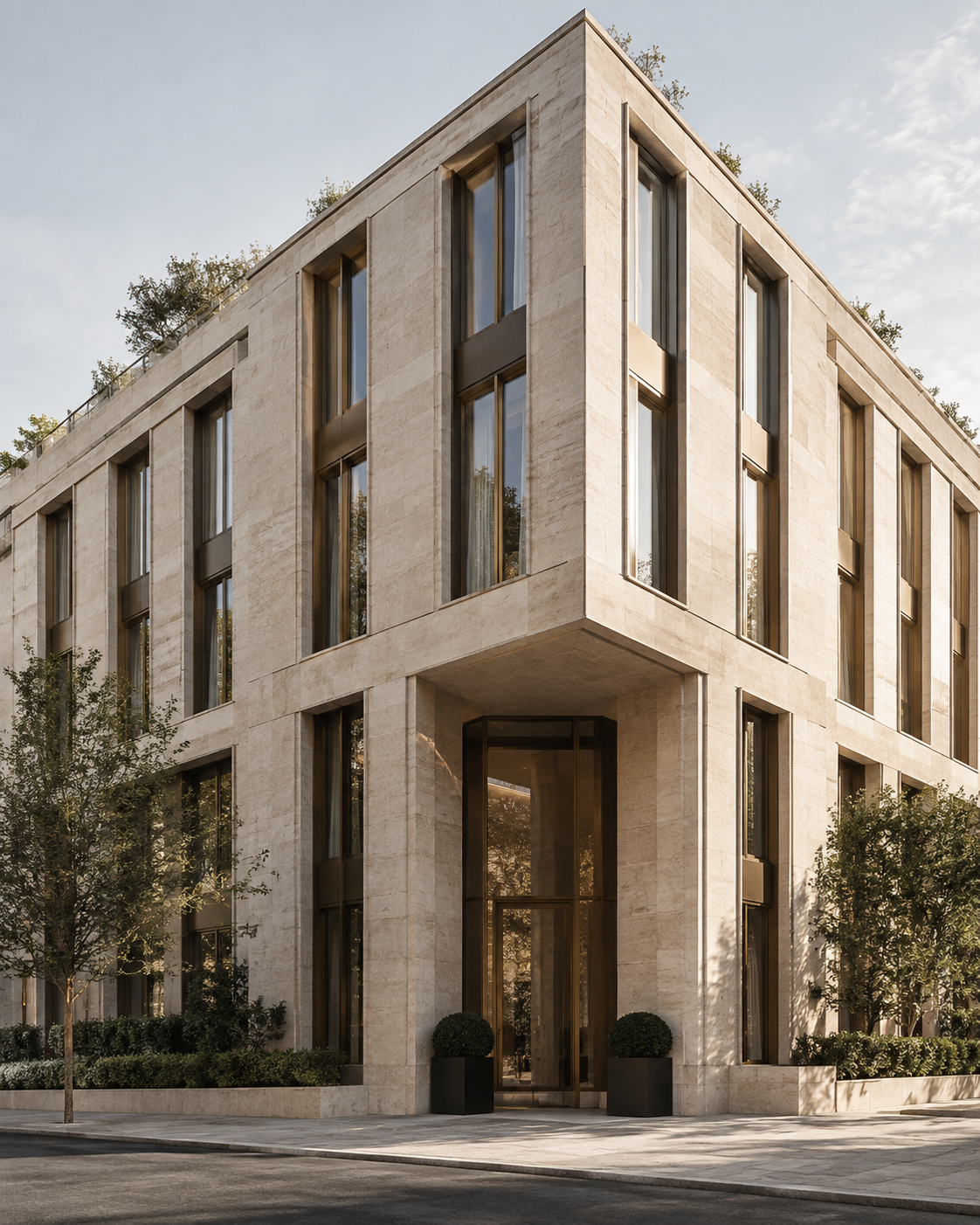 Architectural concept: a limestone facade with bronze window frames and a recessed entrance.