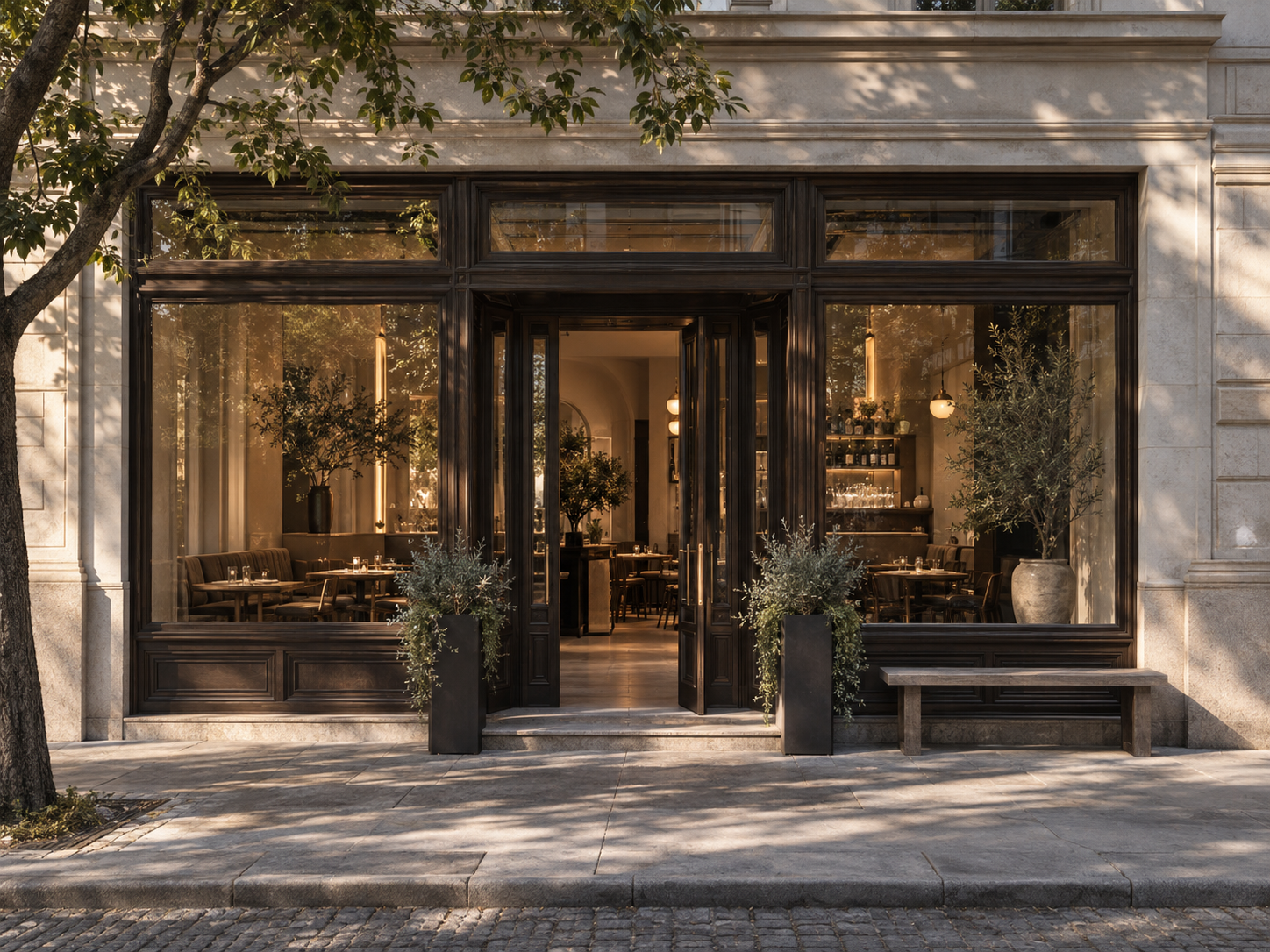 Hospitality concept: a stone and dark-wood cafe frontage with warm interior lighting.